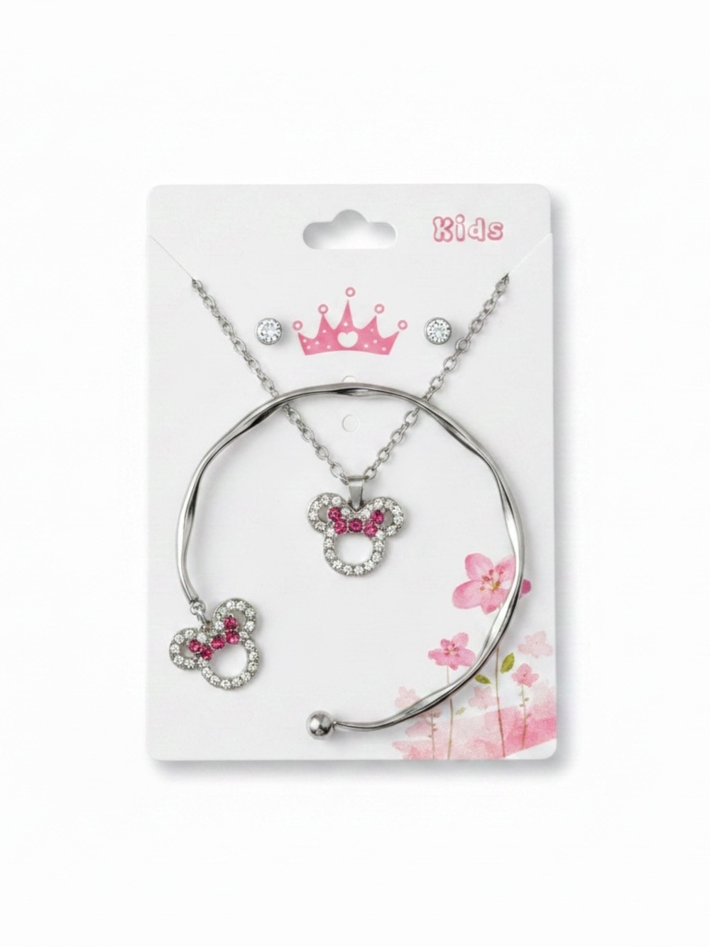 NWT Disney Theme Girls Minnie Mouse Bangle Bracelet, Necklace & Earring Set Gift